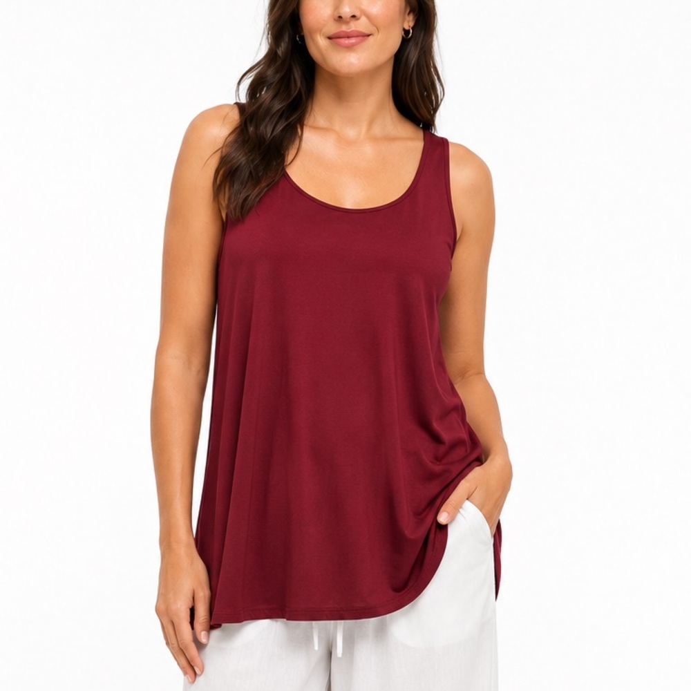 Eileen Fisher Stretch Silk Jersey Tank Top M Berry Red A- Line Longline  NEW